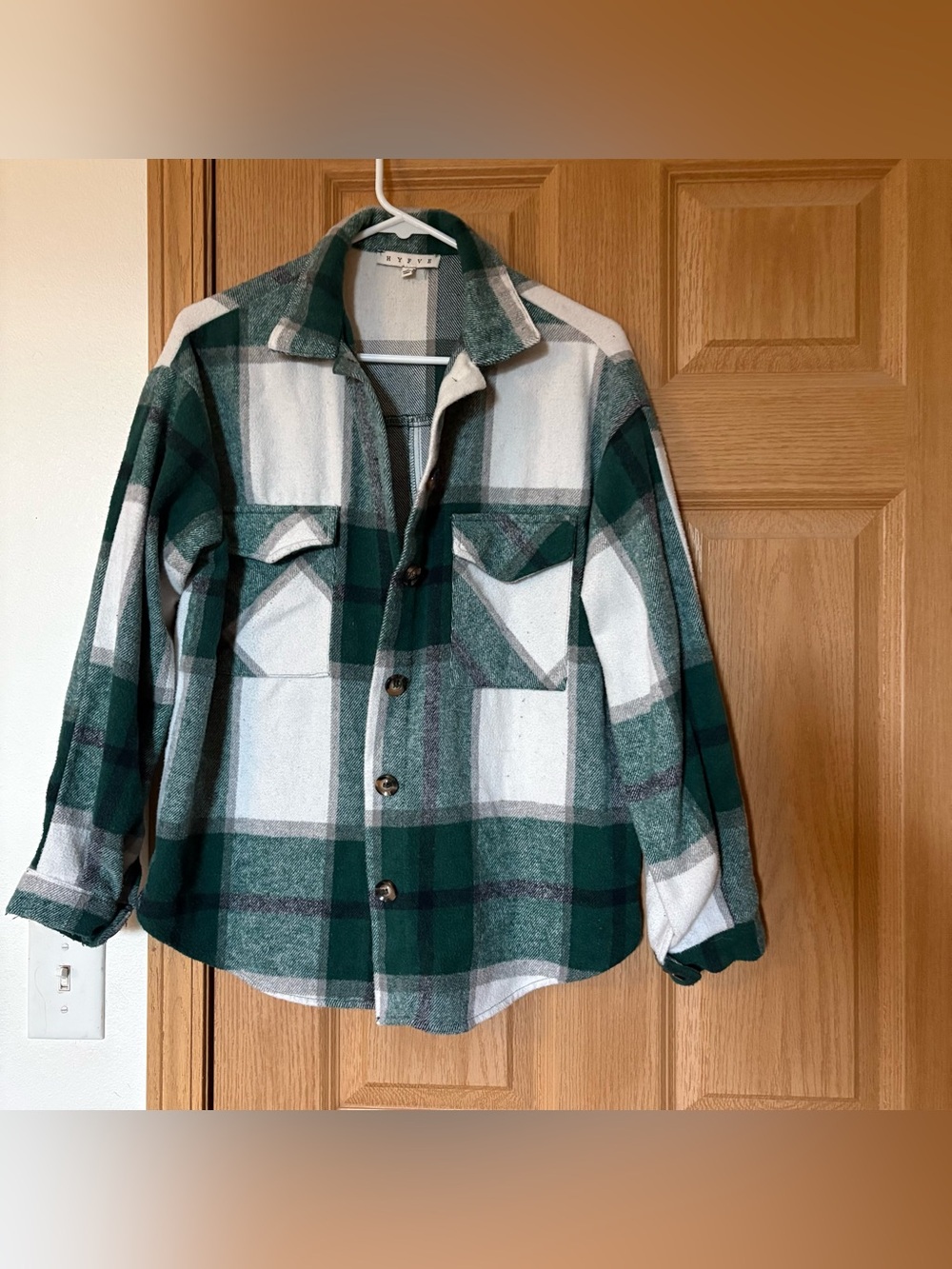 HYFVE Dark Green and White Plaid Button-Up Shacket